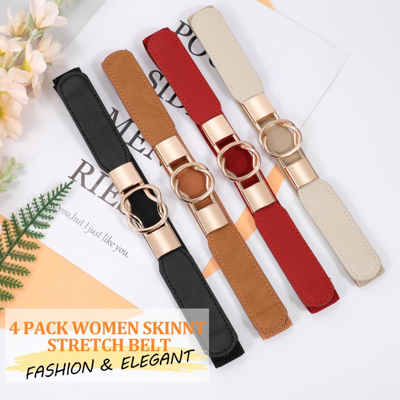 WERFORU Women Skinny Belt for Dresses Retro Stretch Waist Belt with Gold Buckle Set of 4,Black+Brown+Beige+Red - Image 2